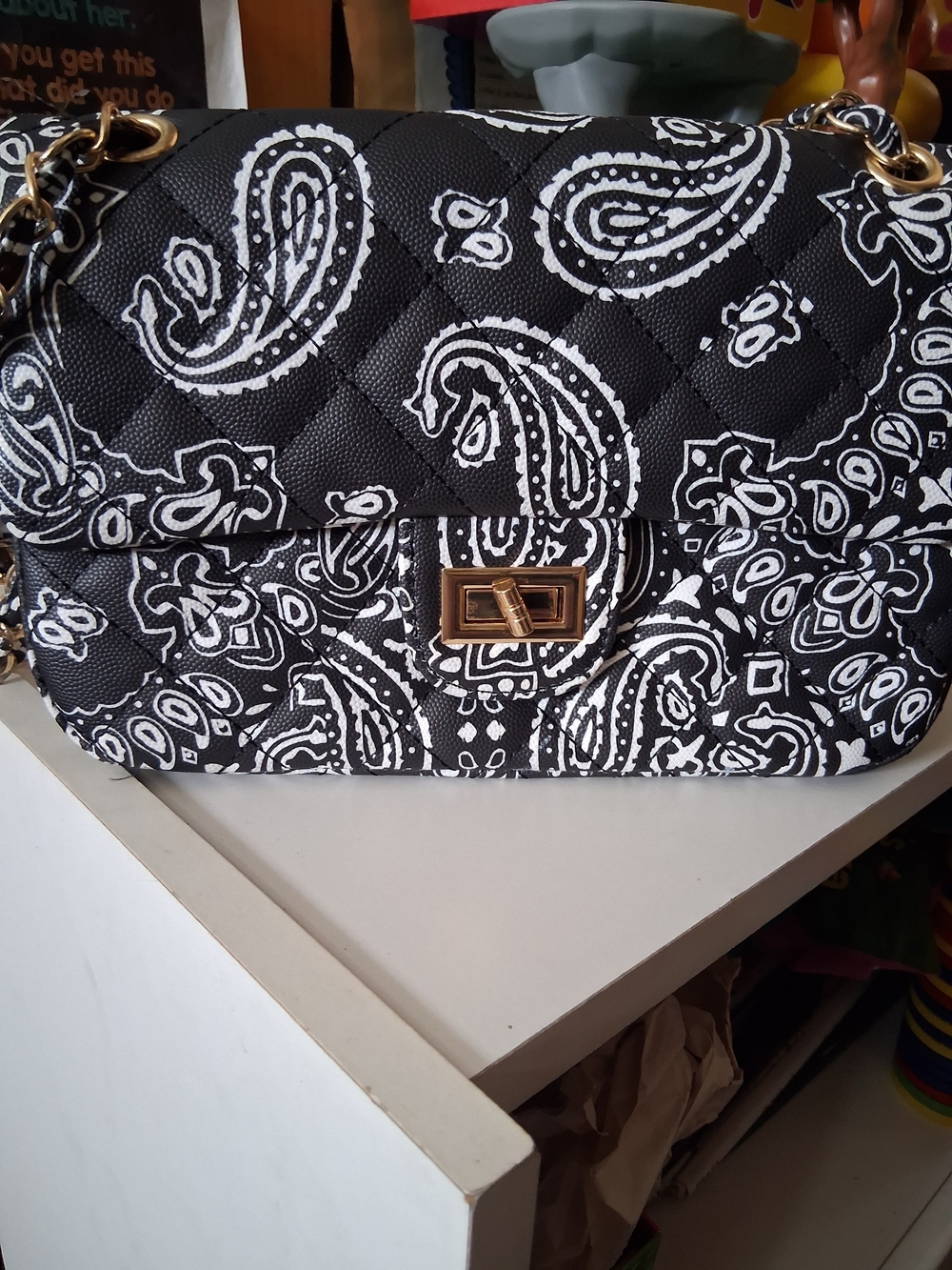 Quilted Black & White Paisley Crossbody Bag NWOT